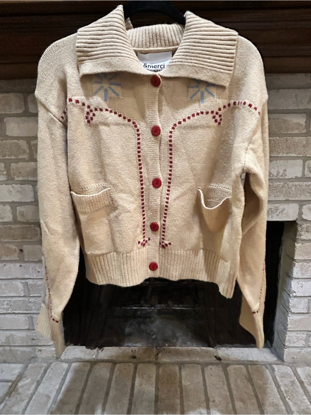 Merci Cream Button-Up Knit Sweater with Red Accents EUC